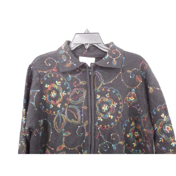 Bechamel Wool Vintage Cardigan Sweater Women’s Black Floral Beaded Embroidery PL - Picture 2 of 9